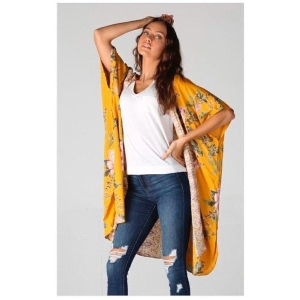 𝅺boho Yellow Floral Print Kimono